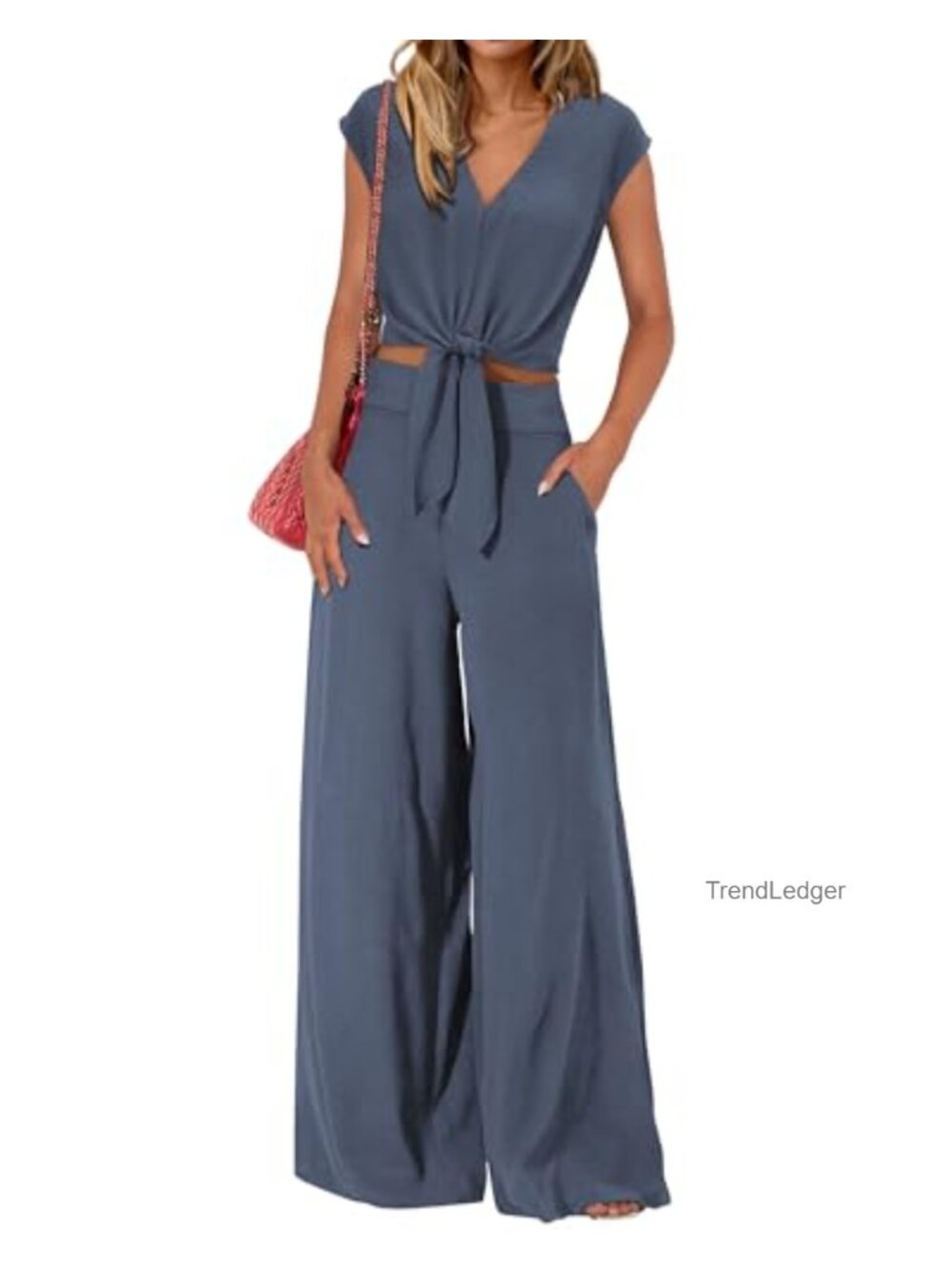 Women's 2 Piece Pant Set V Neck Crop Top Wide Leg Palazzo Pants Polyester